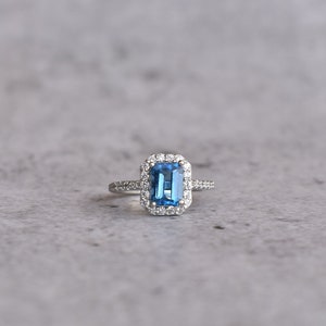 sterling silver london blue topaz Emerald cut halo ring, London blue topaz ring, emerald cut, blue gemstone, wedding ring, sterling silver
