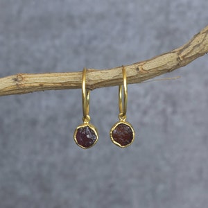 Natural Raw Garnet earrings* Red Garnet small hoop earrings for daily wear* Raw gemstone earrings* Handmade earrings* Bridesmaid jewelry