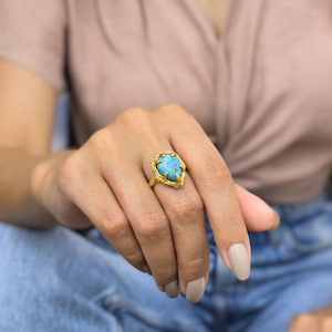 Genuine Copper Turquoise ring* 14K Gold stylish turquoise ring* Pear-shaped unique handmade jewelry* bohemian jewelry gift for everyday wear