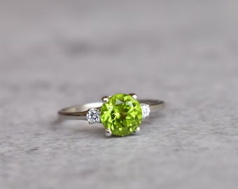 Lustrous Peridot Ring , Sterling Silver and Genuine Peridot rings for women, Green round gemstone ring, August birthstone ring for gifting