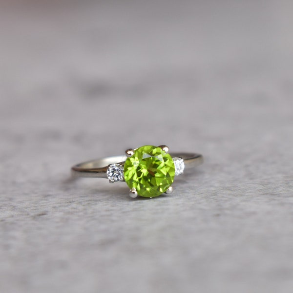 Lustrous Peridot Ring , Sterling Silver and Genuine Peridot rings for women, Green round gemstone ring, August birthstone ring for gifting