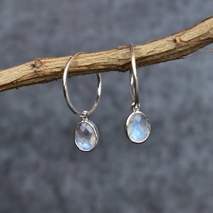 Natural flashy moonstone earrings* Rainbow moonstone handmade earrings for women* Sterling silver hoop earrings* June birthstone jewelry