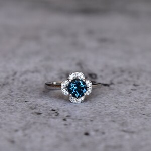 London blue topaz ring, Round cut blue gemstone ring , sterling silver finished with rhodium, london topaz halo wedding & engagement Ring