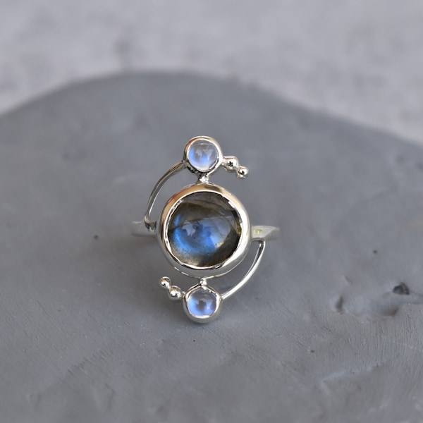 Natural Moonstone and Labradorite ring , Blue flashy two gemstone ring , Sterling silver labradorite ring , Bridesmaid gift , Gift for her