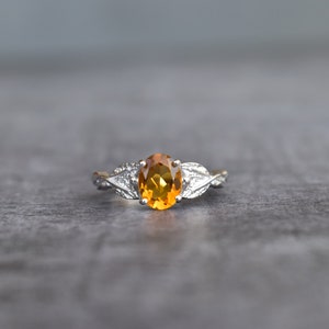 Natural halo Citrine Sterling Silver ring, alternative engagement ring, wedding ring, anniversary gift , birthstone ring, branch leaf ring