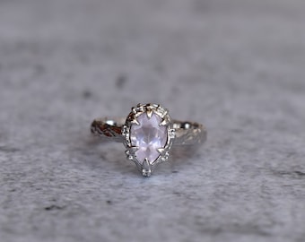 Rose quartz nature inspired twig ring , Pink quartz pear cut promised sterling silver wedding ring for girl , one of a kind rose quartz ring
