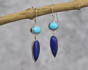 Natural Turquoise And Lapis lazuli dangle earrings* Sterling silver handmade cocktail earrings* Two stone  jewelry, gift for her