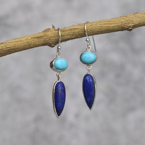 Natural Turquoise And Lapis lazuli dangle earrings Sterling silver handmade cocktail earrings Two stone jewelry, gift for her image 1