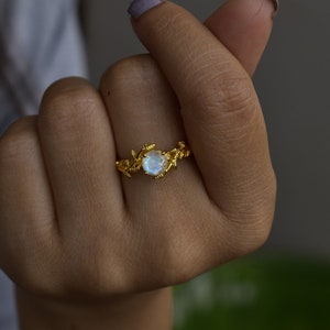Leaf Rainbow Moonstone Ring, Nature Inspired Twig Engagement Ring, Moonstone Promise Ring 14K gold filled, unique Anniversary Gift For Her