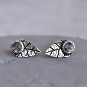 Nature inspired moss agate studs, Green moss agate stud earrings, healing stone studs for women, sterling silver earrings, gift for her