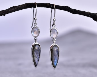 Natural Labradorite and Moonstone dangle earrings, Sterling silver handmade earrings, Two stone cocktail dangle earrings, bridesmaid jewelry