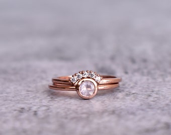 Genuine Rose Quartz ring set with eternity band* Pink quartz ring for women* stacking ring* 14K rose gold handmade ring* Bridesmaid gifts