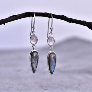 Natural Labradorite and Moonstone dangle earrings, Sterling silver handmade earrings, Two stone cocktail dangle earrings, bridesmaid jewelry