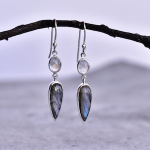 Natural Labradorite and Moonstone dangle earrings, Sterling silver handmade earrings, Two stone cocktail dangle earrings, bridesmaid jewelry