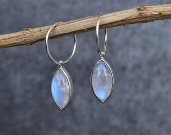 Natural Moonstone earrings* Rainbow moonstone marquise hoop * Sterling silver handmade earrings* Healing crystals dangle earrings for her