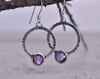 Genuine Amethyst dangle earring, Briolette dangle, Sterling Silver purple quartz earrings, handmade hammered earrings, bridesmaid jewelry