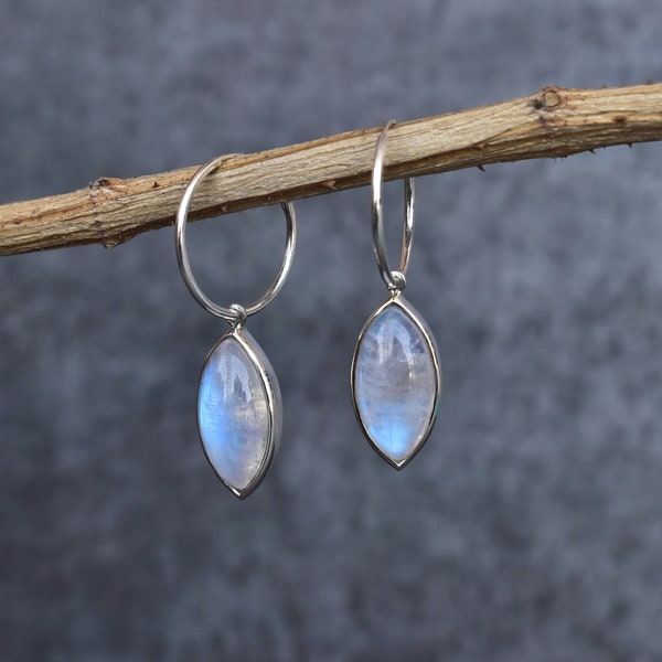 Natural Moonstone earrings* Rainbow moonstone marquise hoop * Sterling silver handmade earrings* Healing crystals dangle earrings for her
