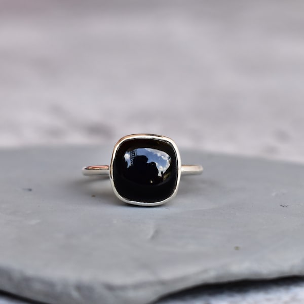 Genuine Black Onyx Ring , Sterling Silver Ring, Black Diamond Ring, Statement Promise Ring,  Black Gemstone ring, Anniversary Gift For Her