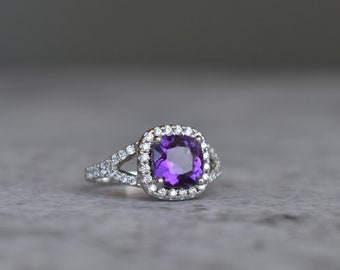 Natural amethyst wedding rings, cushion/square cut purple gemstone, amethyst sterling silver rings, engagement ring, halo ring , amethyst