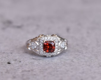Vintage Red garnet Cushion cut Sterling Silver Engagement Ring, Natural garnet halo Ring, Vintage Wedding Ring Set , Silver Bridal Ring
