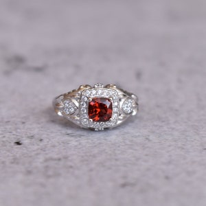 Vintage Red garnet Cushion cut Sterling Silver Engagement Ring, Natural garnet halo Ring, Vintage Wedding Ring Set , Silver Bridal Ring image 1