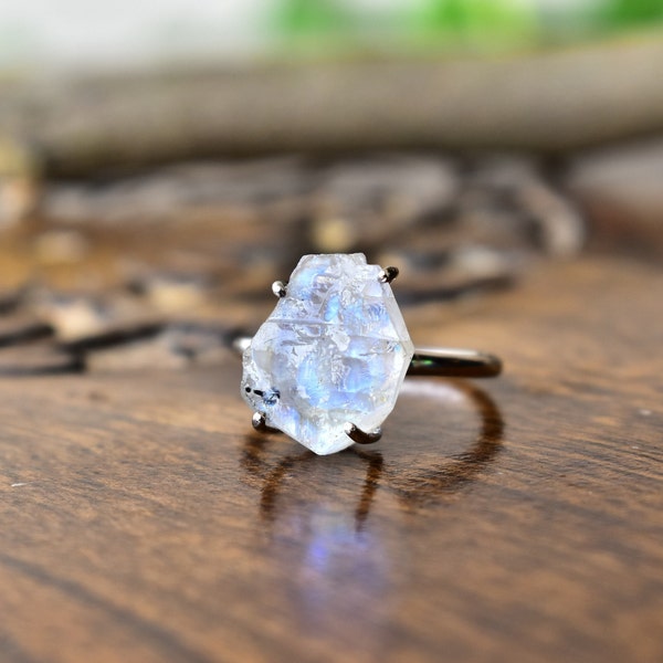 Raw moonstone RHODIUM PLATED ring ,  Raw Crystal Ring, Rainbow Moonstone 925 silver Raw Gemstone Ring,  crystal Ring , bridesmaid gift