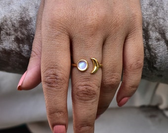 Moonstone lunar ring , lunar celestial ring, half moonstone ring, Handmade jewelry , bridesmaid gift , Anniversary ring, Moonstone jewelry