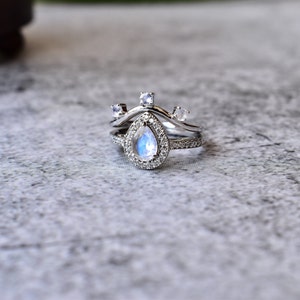 Teardrop Moonstone Bridal Ring Set, Eternity band with moonstone too, Natural pear cut Engagement 2 Ring Set, minimalist wedding ring gift image 1