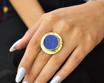 Genuine Lapis lazuli Ring* Statement lapis ring for women* 14K Gold vermeil ring* Huge lapis coin ring* Bridesmaid jewelry* Unique gift