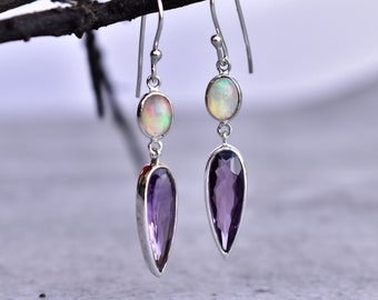 Genuine Opal and Amethyst dangle earrings, Sterling silver handmade earrings, Two stone dangle earrings, bridesmaid jewelry, Gift for mom