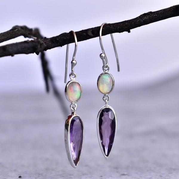 Genuine Opal and Amethyst dangle earrings, Sterling silver handmade earrings, Two stone dangle earrings, bridesmaid jewelry, Gift for mom
