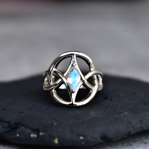 Moonstone celtic ring, Rainbow Moonstone Ring , Sterling silver Marquise Moonstone Ring Gold, Celestial Trinity knot moonstone jewelry