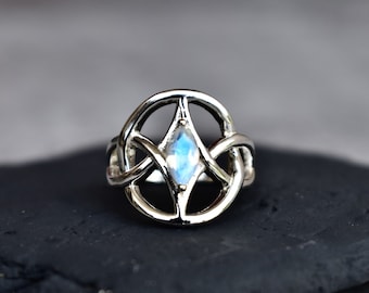 Moonstone celtic ring, Rainbow Moonstone Ring , Sterling silver Marquise Moonstone Ring Gold, Celestial Trinity knot moonstone jewelry