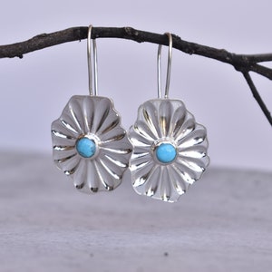 Genuine turquoise earrings, turquoise dangle earrings, bohemian Sterling silver long earrings, Flower dangle, Bridesmaid gift, Gift for her