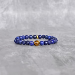 Natural lapis lazuli and tiger&#39;s eye bead bracelet* lapis beaded jewelry for man* Stretchable handmade bracelets for him* Friendship gifts