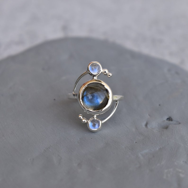 Natural Moonstone and Labradorite ring , Blue flashy two gemstone ring , Sterling silver labradorite ring , Bridesmaid gift , Gift for her image 1