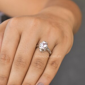 Rose quartz nature inspired twig ring , Pink quartz pear cut promised sterling silver wedding ring for girl , one of a kind rose quartz ring image 4