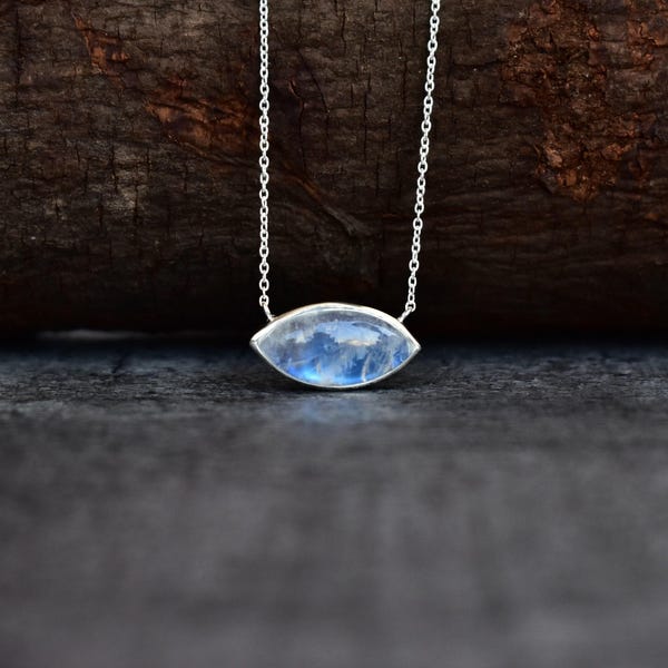 Natural Rainbow moonstone marquise necklace, Blue sheen moonstone handmade necklace, Healing crystal necklace, June birthstone necklace