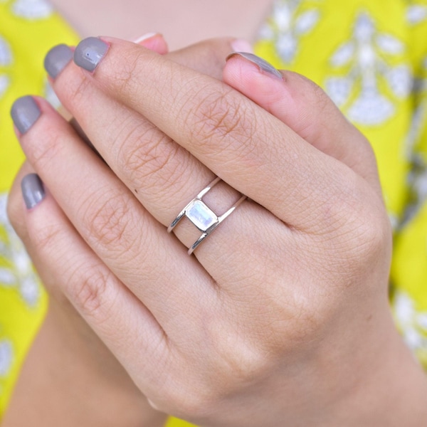 Anillo de doble banda de piedra lunar, plata de ley 925, hecho a mano, con piedras preciosas, llamativo, para uso diario, hippie, delicado, estilo bohemio, con piedra natal de junio.