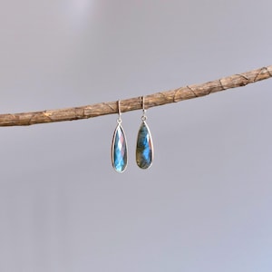 Natural Labradorite teardrop Dangle, Sterling silver long earrings, Crystals bohemian simple jewelry for Women, Unique cute gift ideas