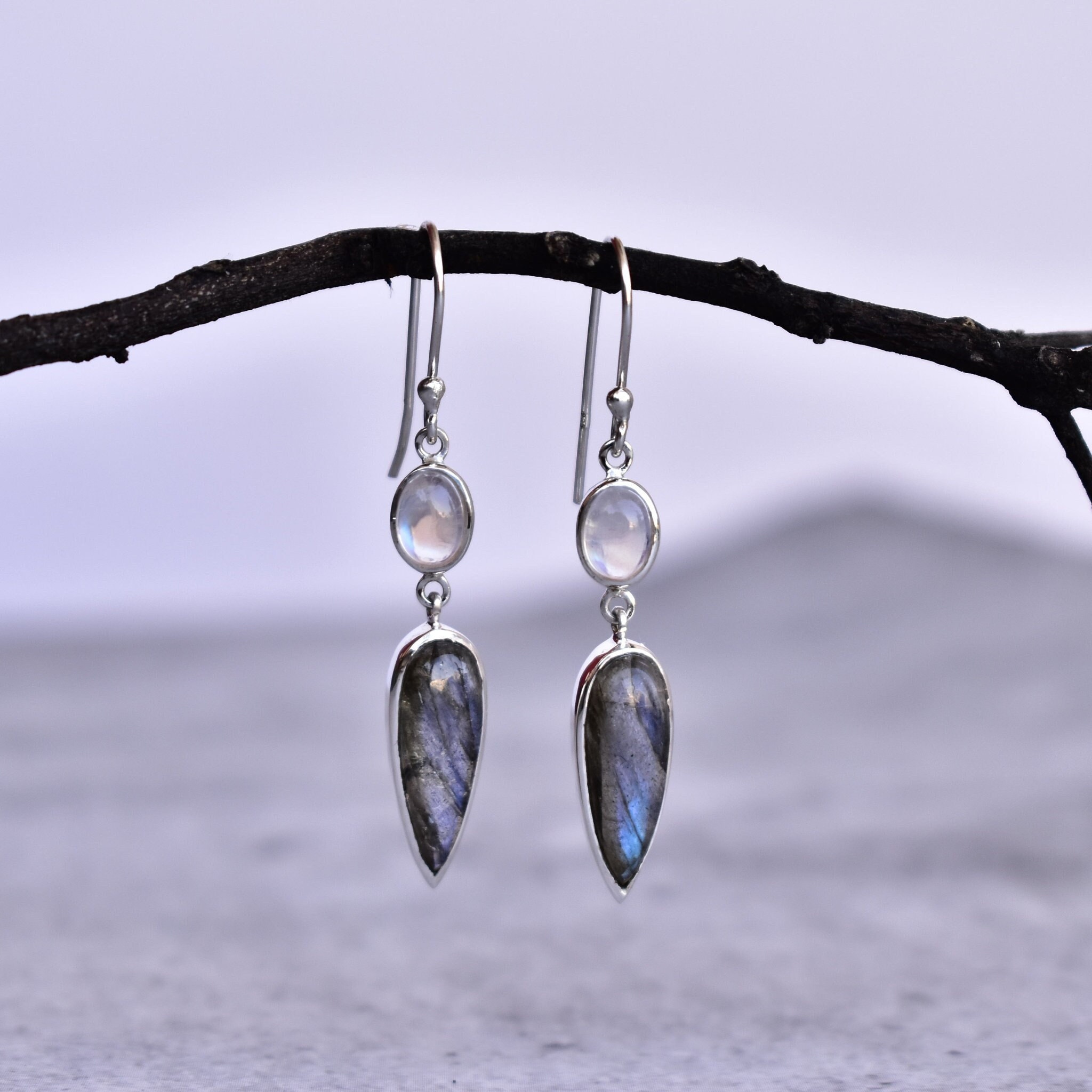 Natural Labradorite and Moonstone dangle earrings, Sterling silver handmade earrings, Two stone cocktail dangle earrings, bridesmaid jewelry