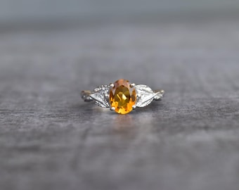 Natural halo Citrine Sterling Silver ring, alternative engagement ring, wedding ring, anniversary gift , birthstone ring, branch leaf ring