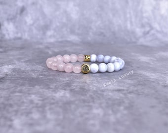 Natürliche Rosenquarz & Blauer Spitze Achat Perlen Armbänder, Dreifaltigkeits-Knoten Schutz Charme Armband, handgemachte dehnbare Armband, einzigartige Geschenke