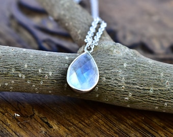 moonstone faceted necklace with genuine Rainbow moonstone , Christmas gift for her, delicate necklace , silver moonstone teardrop necklace