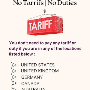 The image is a list of locations where no duties or Tariffs are required, including the United States, United Kingdom, Germany, Canada, Australia, and Australia.