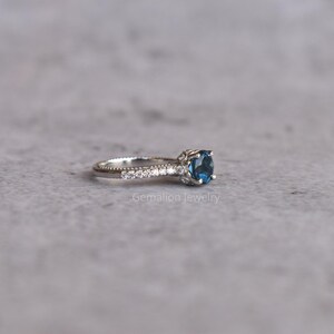 Vintage natural London blue topaz ring, round cut blue gemstone, london Blue Topaz sterling silver finished with rhodium, Topaz halo ring image 5