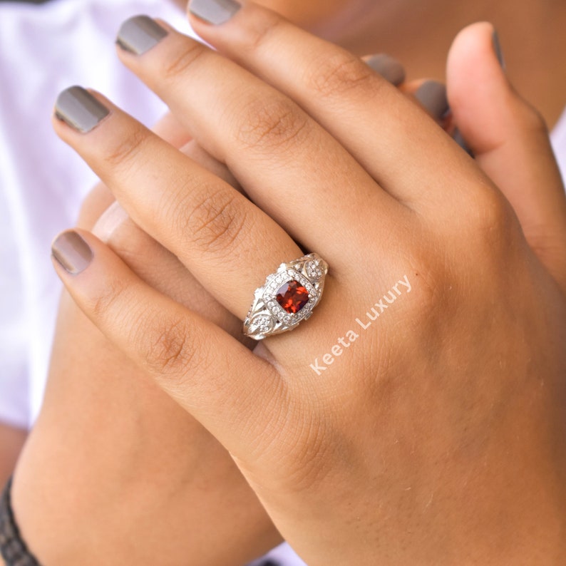 Vintage Red garnet Cushion cut Sterling Silver Engagement Ring, Natural garnet halo Ring, Vintage Wedding Ring Set , Silver Bridal Ring image 5