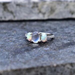 Genuine Opal and moonstone Ring, moonstone garland ring, Three stone ring , Simple engagement opal ring , vintage silver moonstone ring image 1