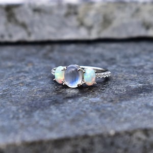 Genuine Opal and moonstone Ring, moonstone garland ring, Three stone ring , Simple engagement opal ring , vintage silver moonstone ring image 1