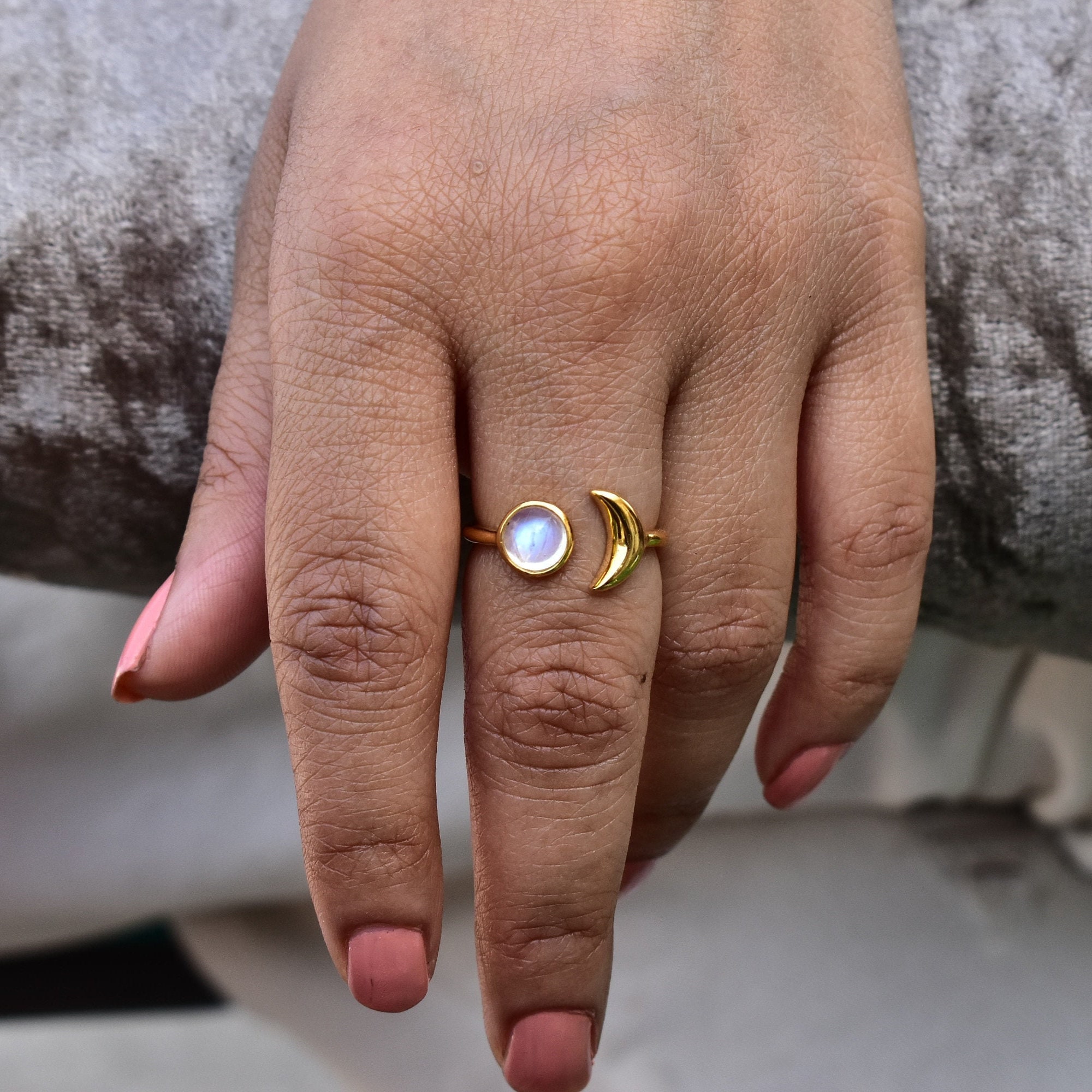 Three Stone Grey Moonstone Ring in Solid Sterling Silver- Designed by